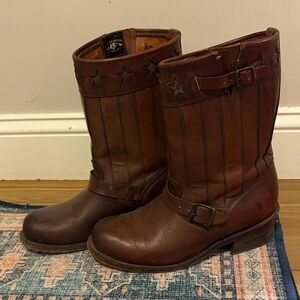 Frye Dark Brown Leather woman’s patriotic Boots with Star Accents